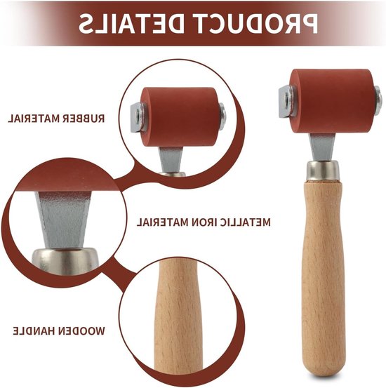 Productdetails van een rode rol met houten handvat, met vergrotingen van rubber, metaal en hout.