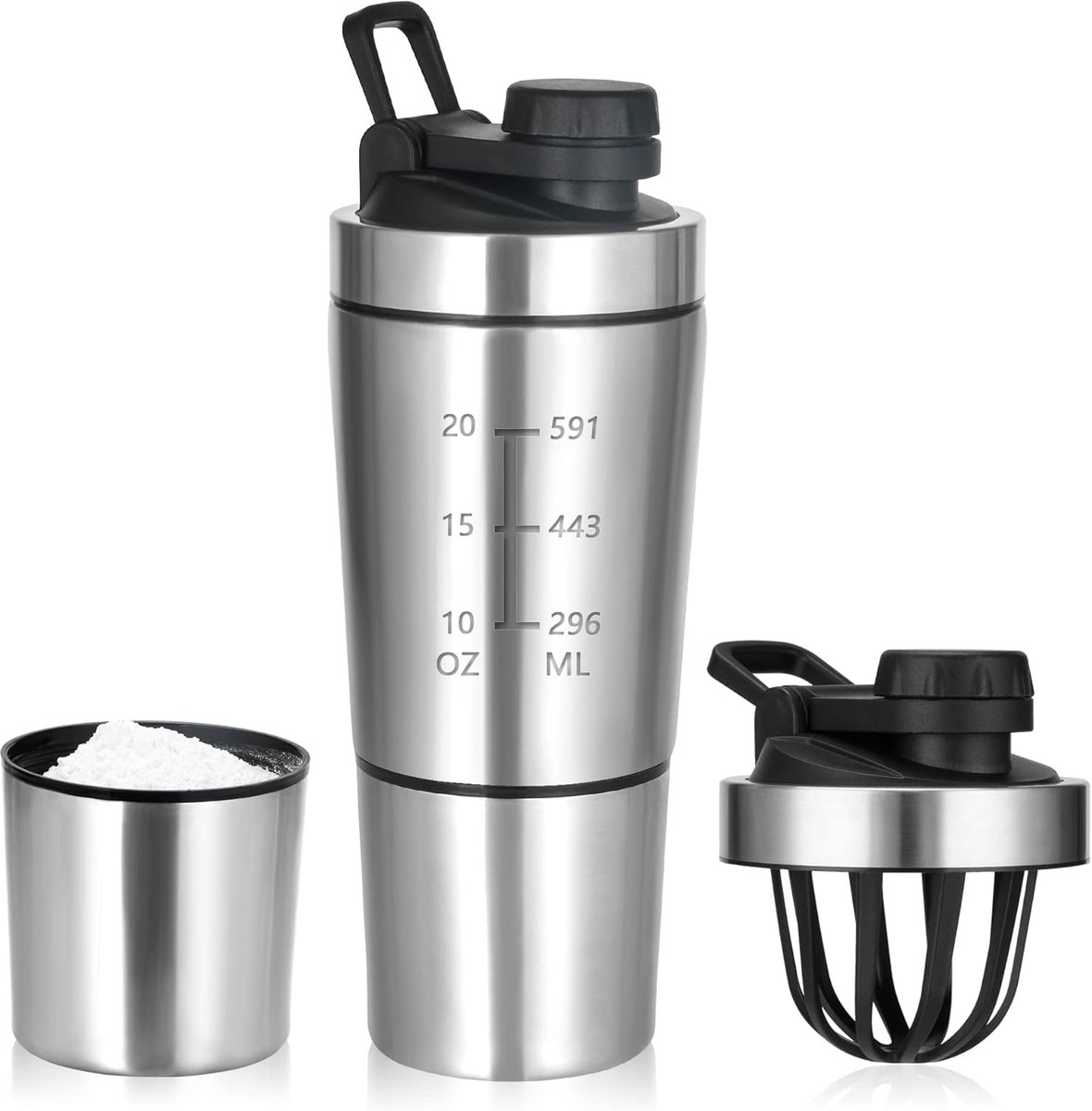 SnelShoppen - Stainless Steel Protein Shaker 700ml + 200ml Cup met Poedercompartiment, BPA-vrij, Ideaal voor Sport & Fitness, Duurzaam en Geurvrij