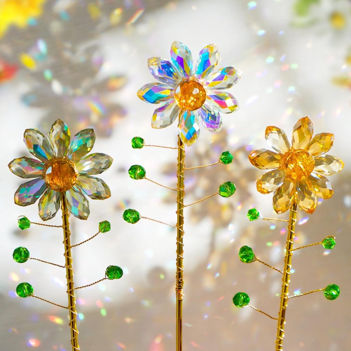 SnelShoppen - Set van 3 Zonne Spiegels met Kristallen Bloemen, Kralen en Regenboog Cristallen, Raamdecoratie voor Planten, Kleurrijke Tuinaccessoires