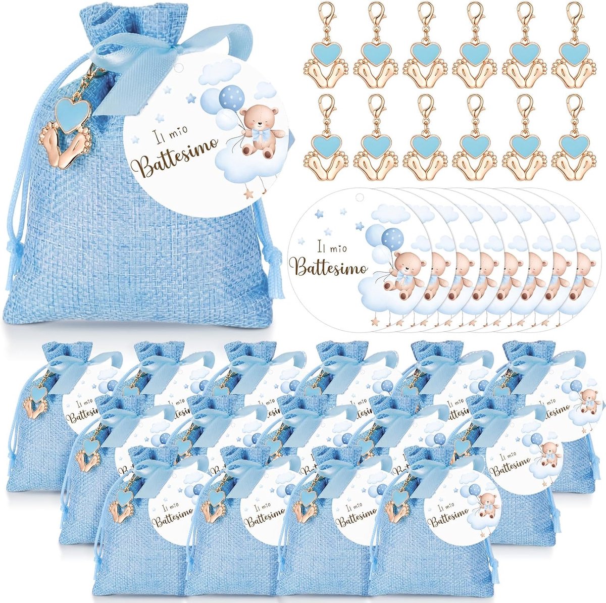 SnelShoppen - Baby Shower Favor Set - 30 Rond Bedankkaarten, 30 Jute Trekzakjes, 30 Voetafdruk Sleutelhangers, Blauw, Compleet Set voor Babyfeest
