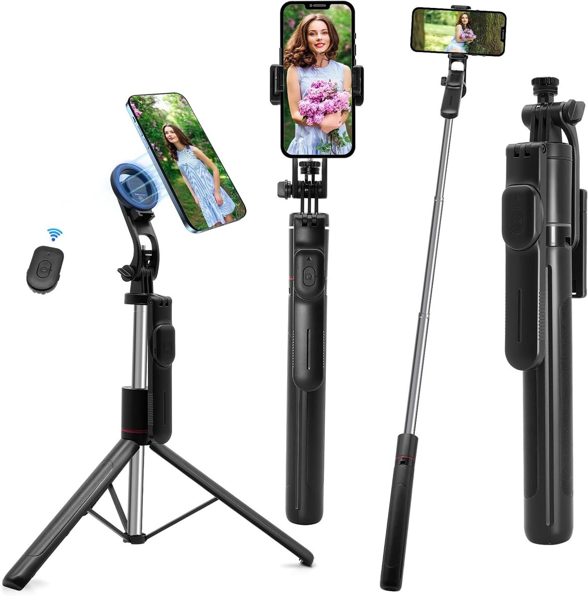 Verstelbare Selfie Stick Tripod met Afneembare Telefoonhouder, 360° Rotatie, Bluetooth Afstandsbediening voor Smartphones en Tablets