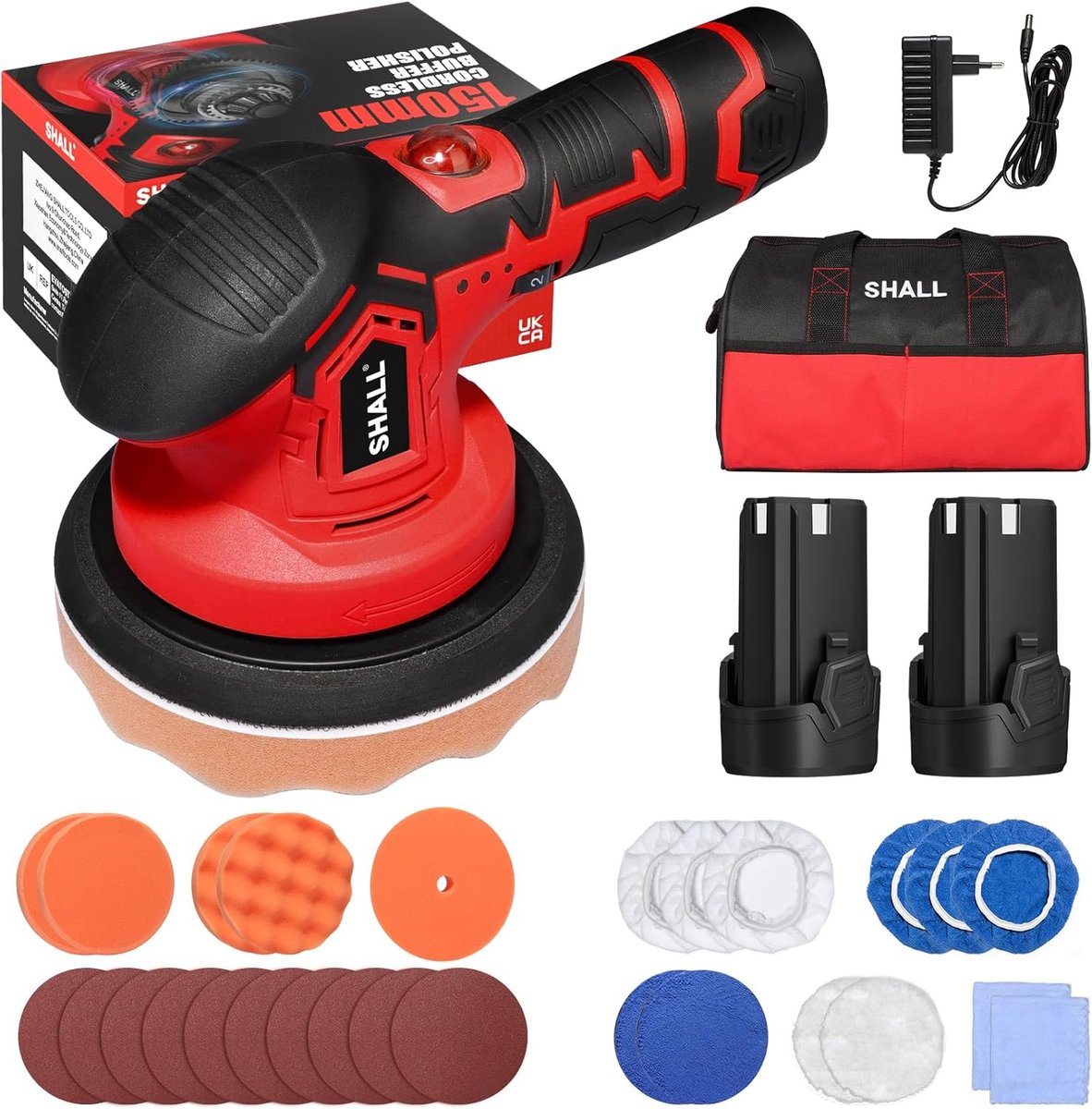 SnelShoppen - Draadloze Auto Polijstmachine, 2500-5000RPM, 6 Variabele Snelheden, 27-delige Polijstkit voor Auto Detailing/Waxen/Buffen