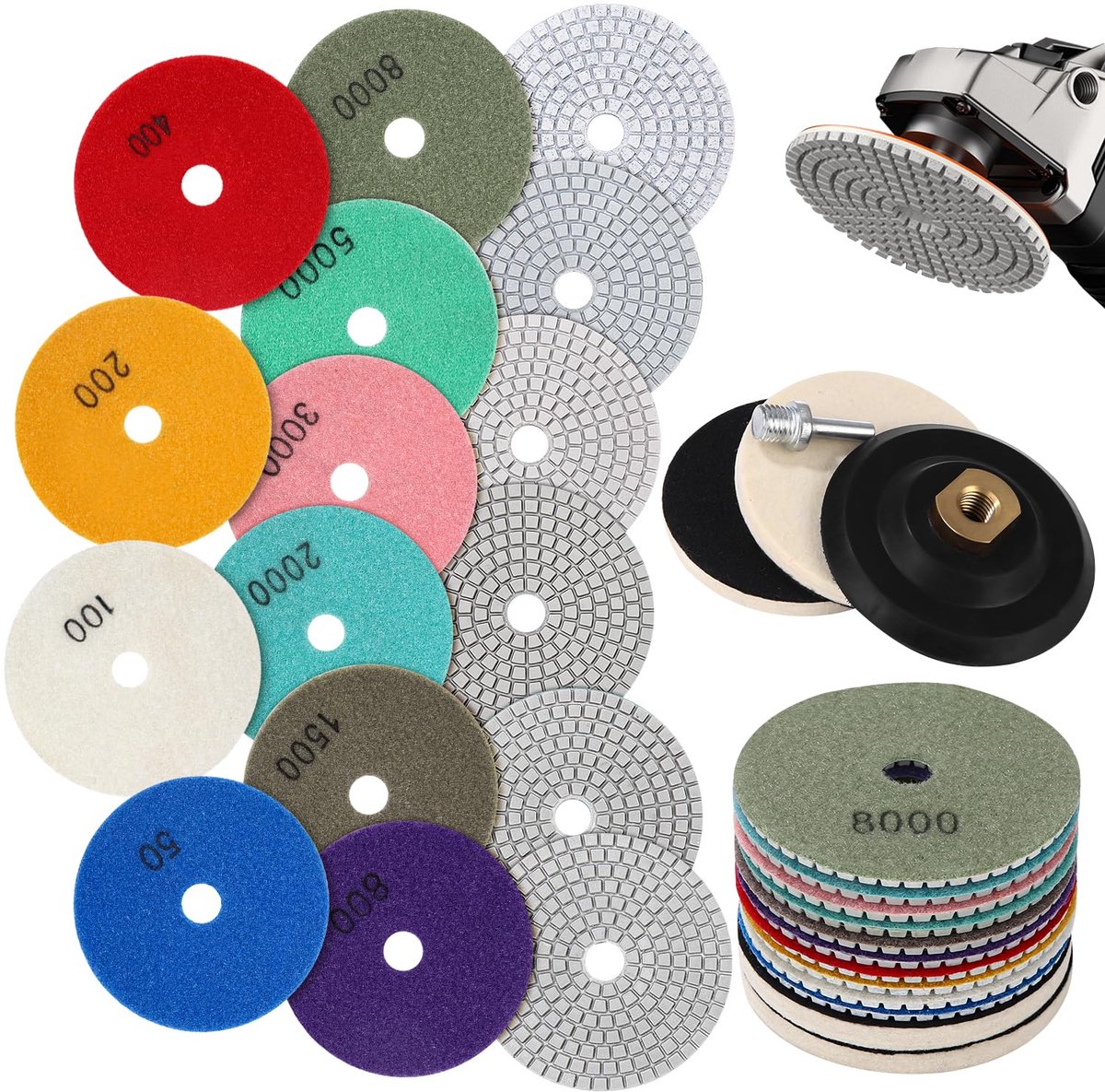 SnelShoppen - 14 Stuks Diamant Polijstschijven Set 100mm Met M14 Rubberen Achterplaat Voor Graniet, Marmer, Tegels, Beton - Inclusief 2 Wol Pads, 50-8
