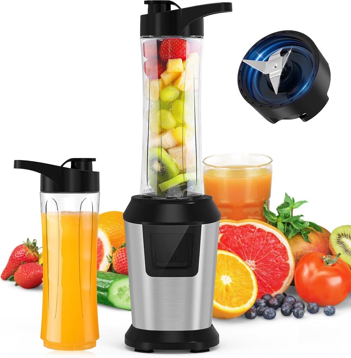 SnelShoppen - Mixer Mini Blender 500 W Smoothie Maker To Go met 2 x 600 ml BPA-vrije Tritan Smoothie Flessen, RVS 4 Bladen voor Shake, Smoothie en Bab