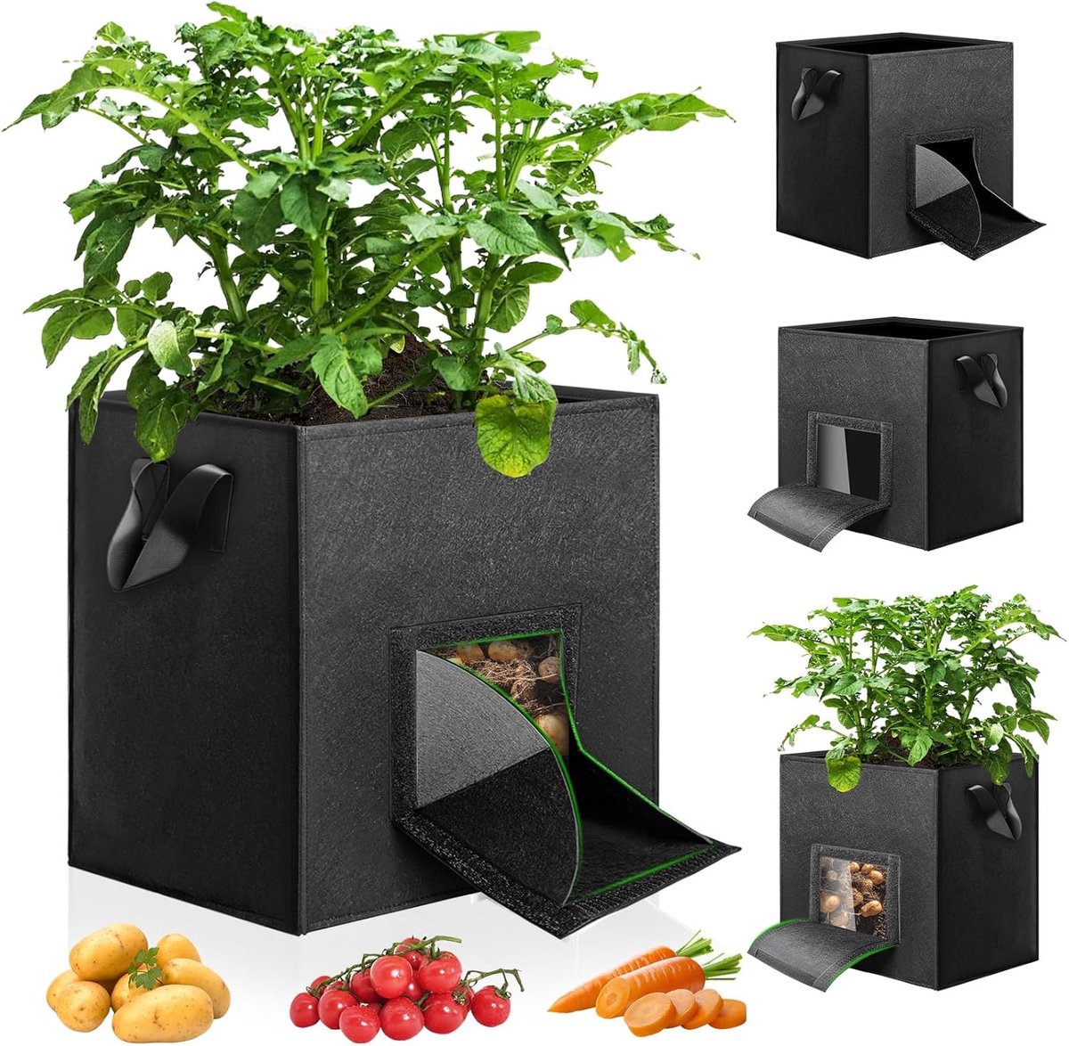 SnelShoppen - 4 Stuks Aardappel Plantzakken 46L met Kijkvenster, Oogstvenster, 2 Versterkte Handvatten, Niet-geweven Stof voor Aardappelen, Groenten,