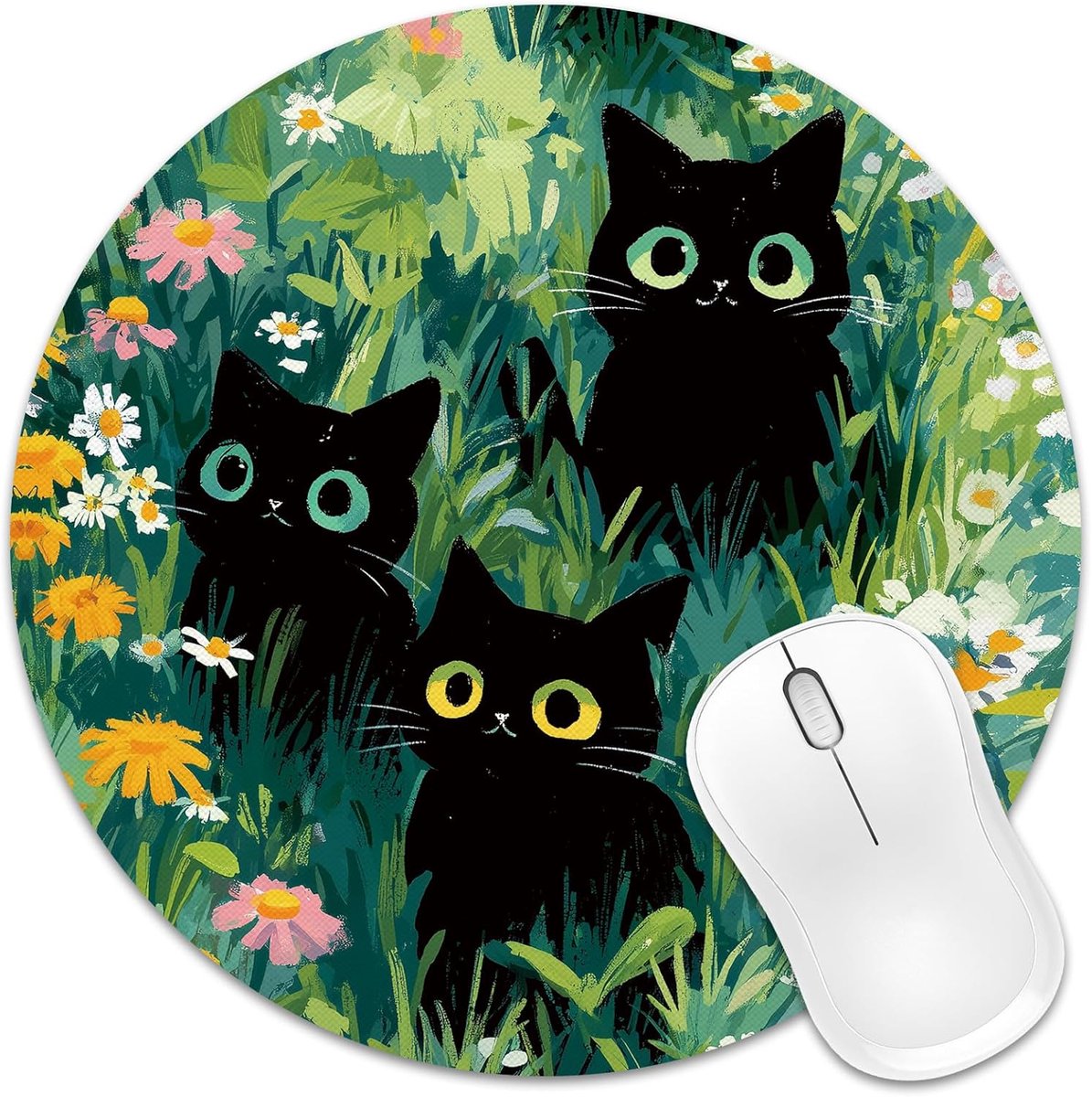 SnelShoppen - Schattige Kat Muismat 20x20cm, Rond Mouse Pad met Antislip Rubber Basis voor Computer Laptop Bureau, Zwarte Katten Decoratie voor Vrouwe