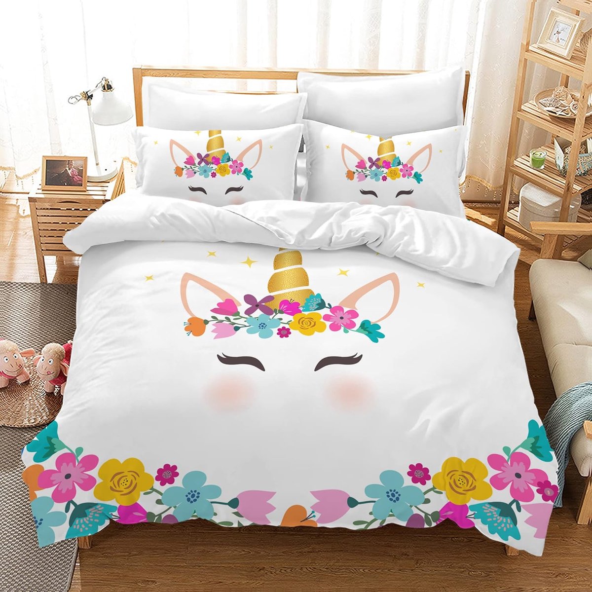 SnelShoppen - Unicorn Dekbedovertrek Kids Set met Dekbedovertrek en 2 Kussenslopen, Cartoon Eenhoorn Microfiber Zacht Meisjesbeddegoed met Rits Sluiti