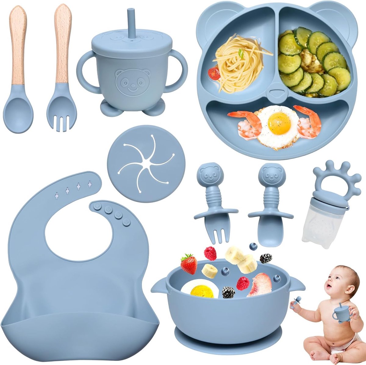 Thijox - 10-delige Siliconen Baby Serviesset, Antislip Kinderservies met Zuignap voor Baby, Inclusief Bord, Kom, Lepel, Vork, Drinkbeker en Lappendoek