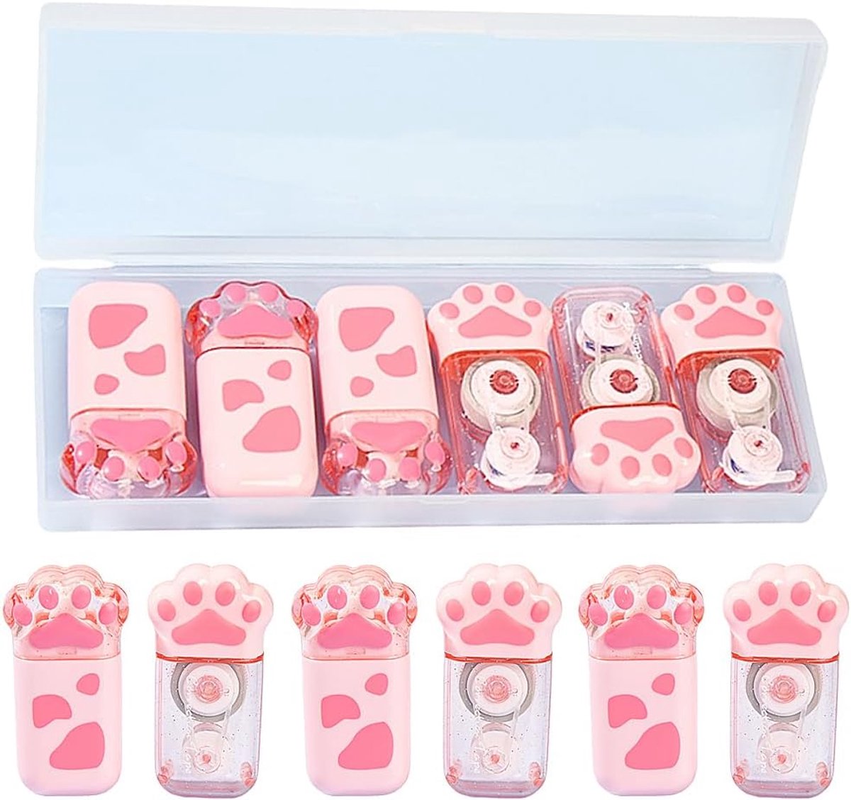SnelShoppen - Pack van 6 Correctie Rollers, 5 mm x 6 m, Schattige Kattenpoot Vorm met Beschermkap, Perfect voor Kantoor, Thuis of School, Transparante