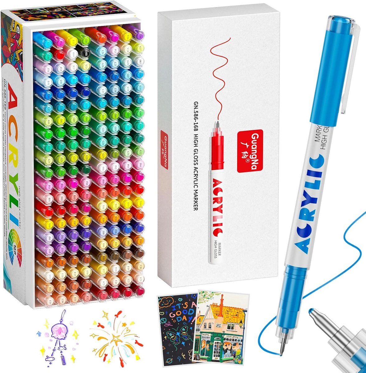 SnelShoppen - Acrylic Paint Pens - 168 Kleurige Verfmarkers voor Rock Painting, Glas, Hout, Metaal, Textiel - Waterbasis - Extra Fijne Punt 1 mm - Per