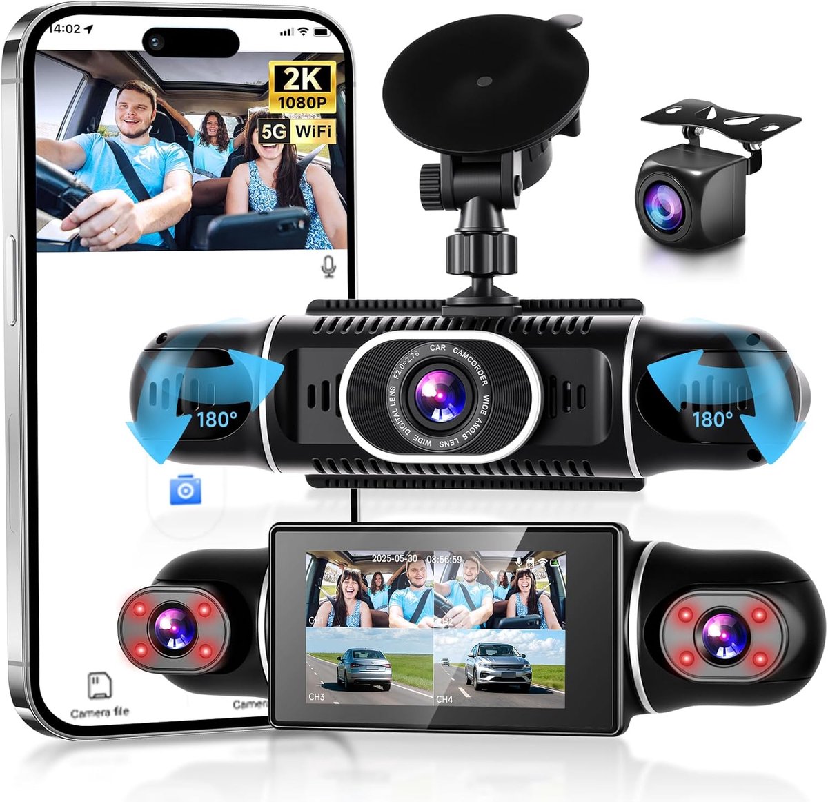 SnelShoppen - 4-Kanaals 2K Dashcam met WiFi, 360° Bescherming, Nachtzicht, 3 Inch IPS Display, G-Sensor, Ideaal voor Auto, VTC, Rijschool, Gezinsreize
