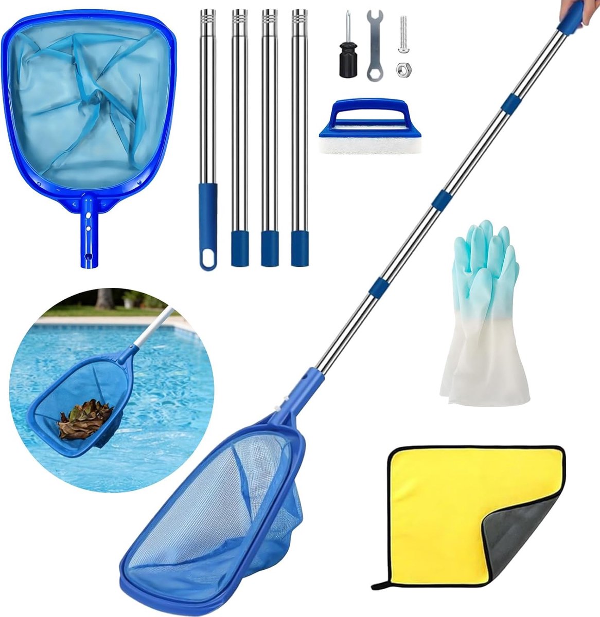 SnelShoppen - Zwembadschepnet 185 cm Telescoopstang - Complete Zwembadreinigingsset met Skimmernet, Reinigingsborstel, Handdoek - Ideaal voor Zwembad,