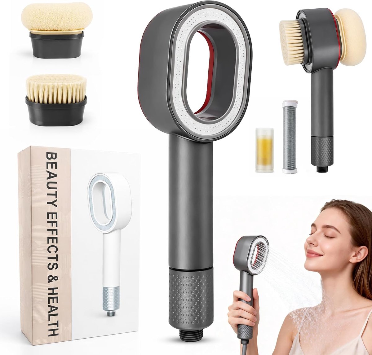 SnelShoppen - 3-in-1 Douchesproeier met Filter, Hoge Druk Douchekop met 2 Reinigingsborstels, Verwijdert Kalk, Chloor, Bacteriën, Zware Metalen voor G