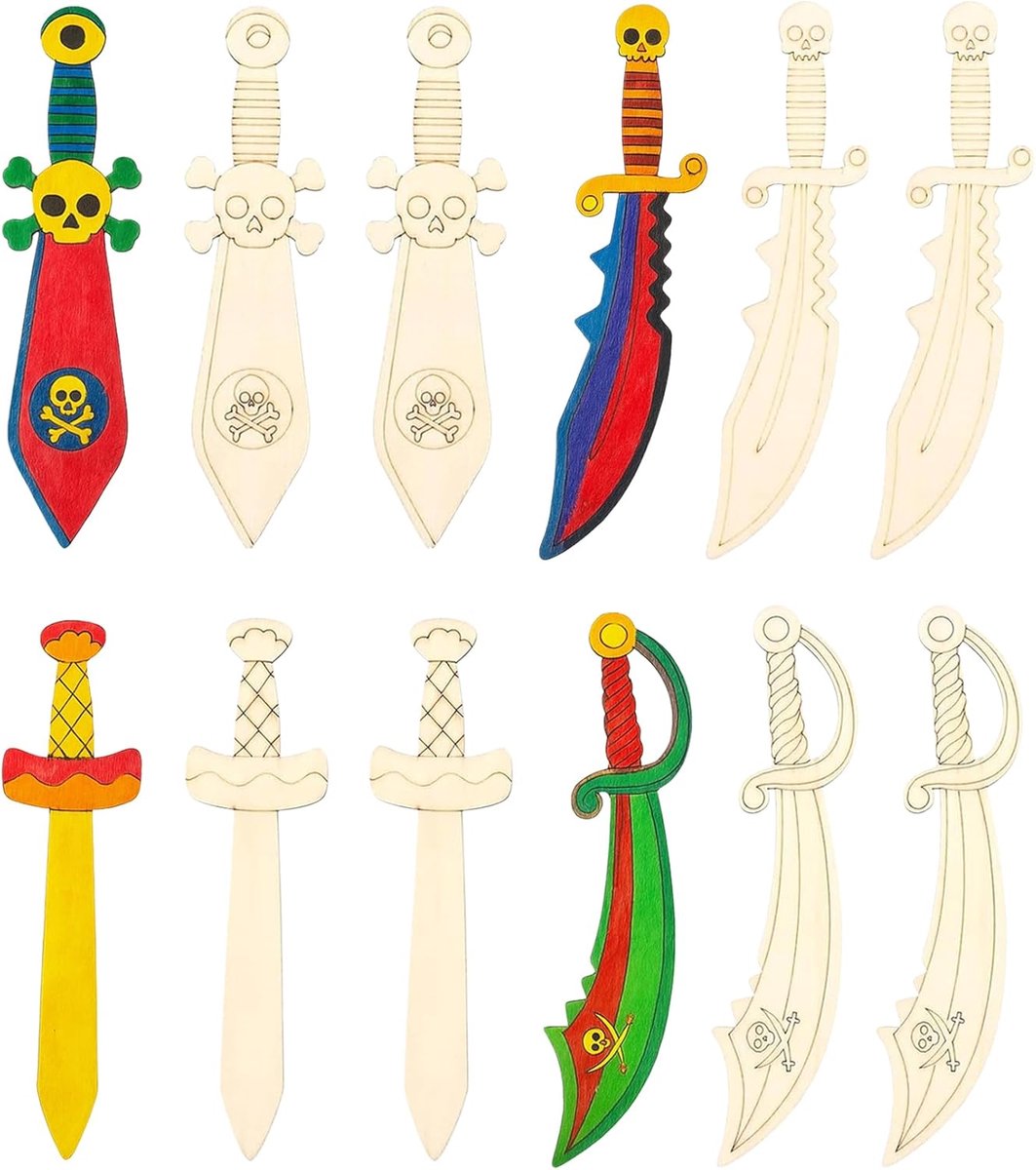 SnelShoppen - 12-Piece DIY Houten Zwaarden Set voor Kinderen - Ideaal voor Verf, Piraten Thema, Creatieve Activiteiten, Kinderfeestjes