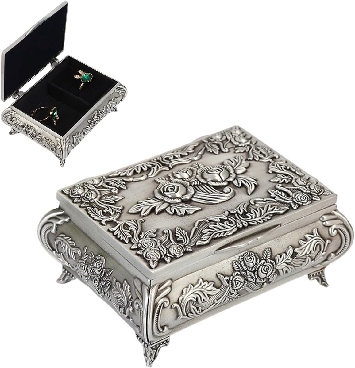 SnelShoppen - Retro Metalen Sieraden Doos voor Ringen, Kettingen, Oorbellen - Antiek Zilver - Perfect voor Organisatie en Opslag van Sieraden en Souve