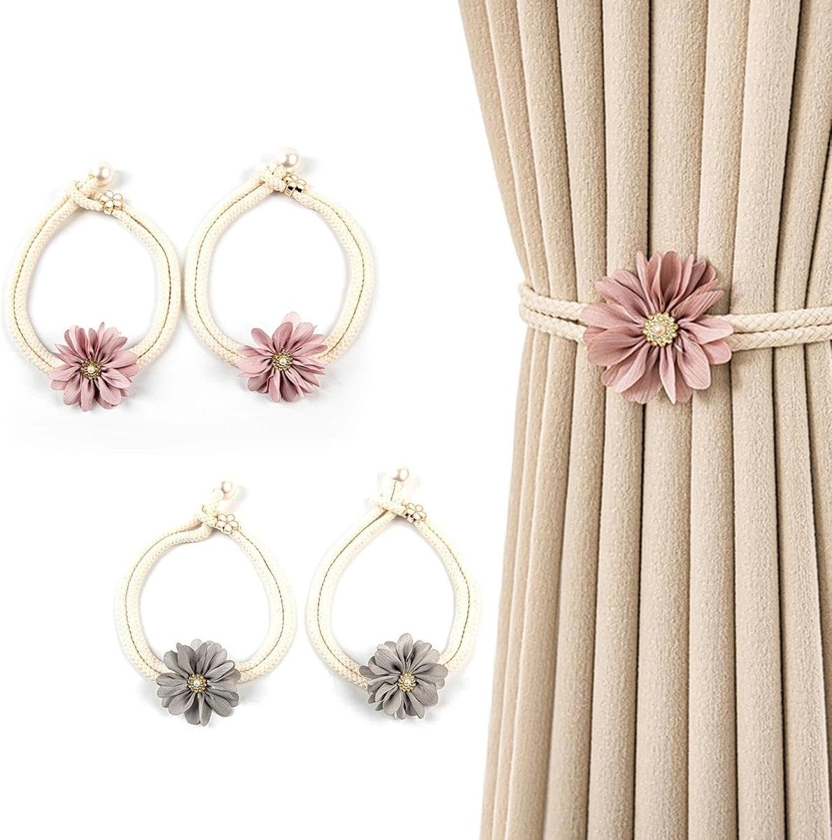 SnelShoppen - Set van 4 Verstelbare Gordijnhouders in Grijs en Roze - Flexibele Gordijnclips Zonder Boren - Elegante Parels Decoratie voor Woonkamer,