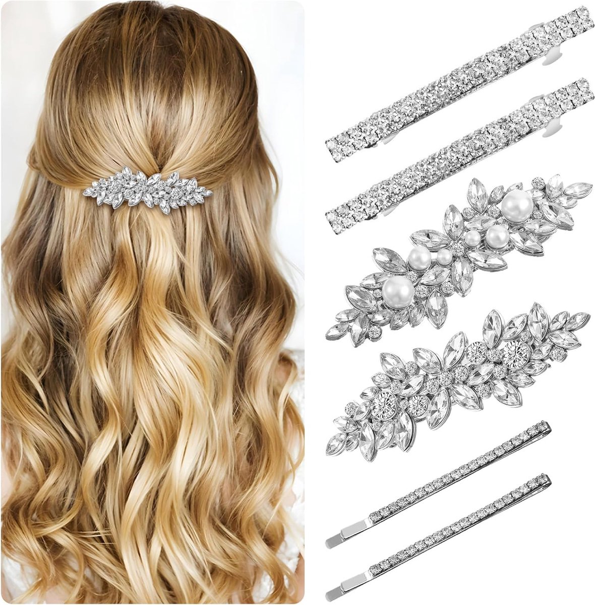 SnelShoppen - 6 Pcs Rhinestone Haarspelden Zilver, Glitter Haarclips Met Metaal Legering, Luxe Haarpins Voor Bruiloften, Feesten of Dagelijks Gebruik