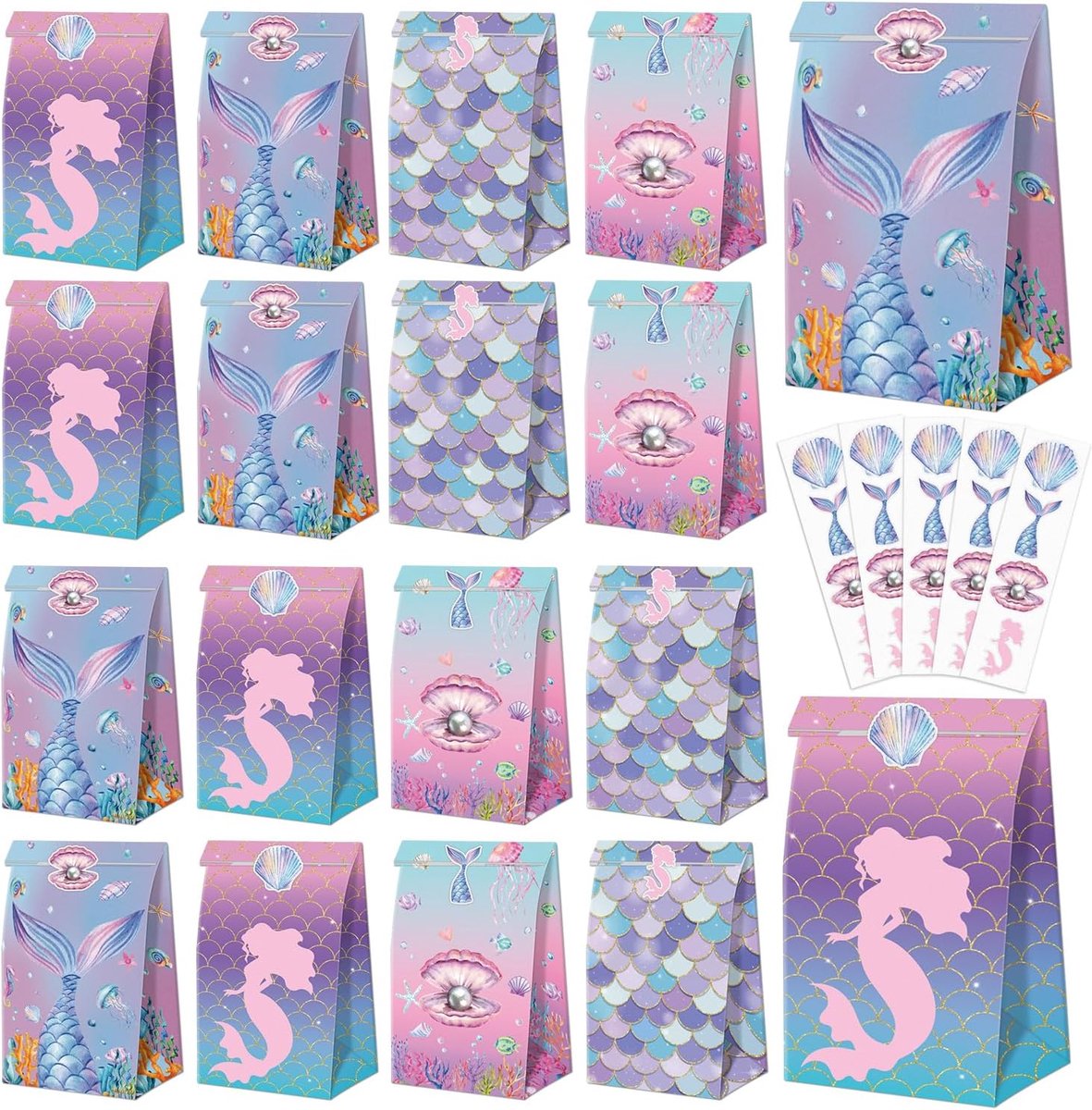 SnelShoppen - 20 Stuks Zeemeermin Goodie Bags - Papieren Feesttassen met Stickers, Kleurige Onderwater Thema, Perfect voor Kinderen, Feestjes, Verjaar