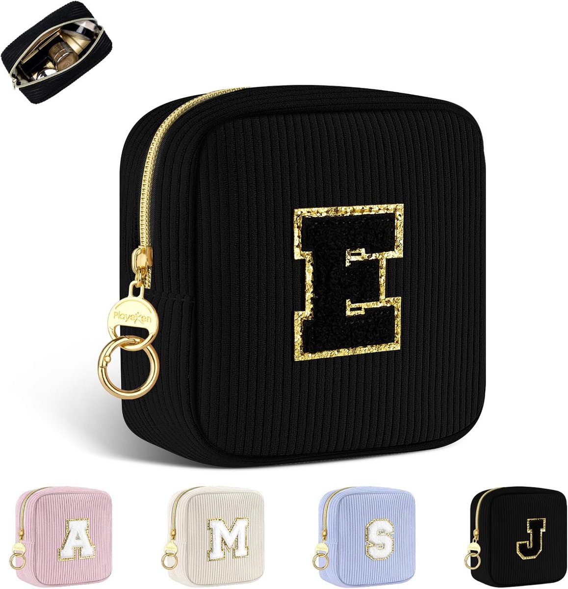 SnelShoppen - Kleine Gepersonaliseerde Make-up Tas - Corduroy Makeup Bag voor Vrouwen - Reis Toilettas Organizer met Initialen - Perfect als Cadeau vo