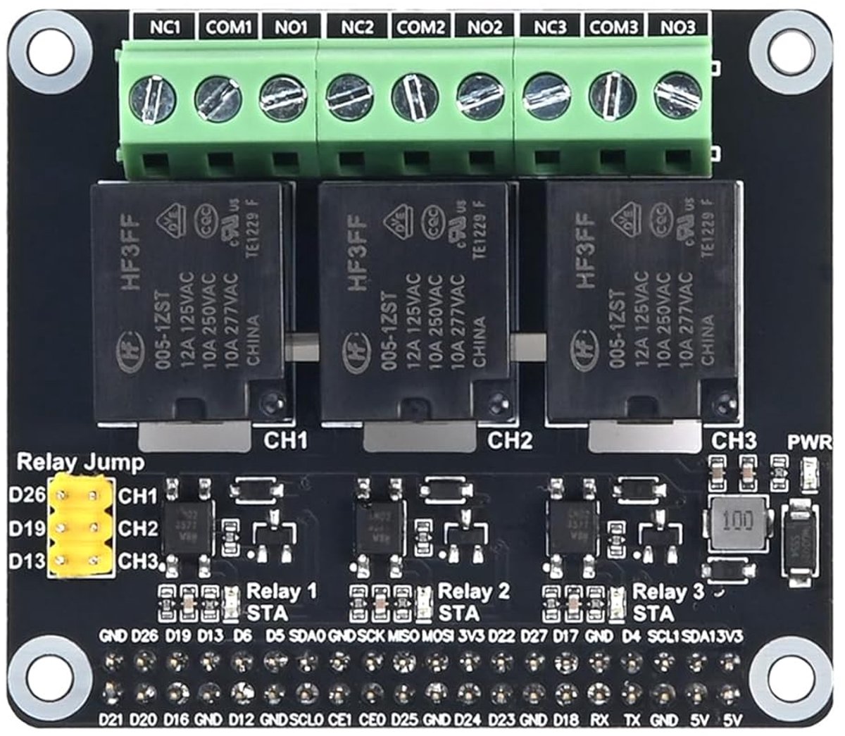 SnelShoppen - 3 Kanaals Relay Hat voor Raspberry Pi, GPIO Relay Uitbreidingsbord, Ondersteunt 5A 250V AC/30V DC, Opto-Isolatie, Onboard LED's, Compati