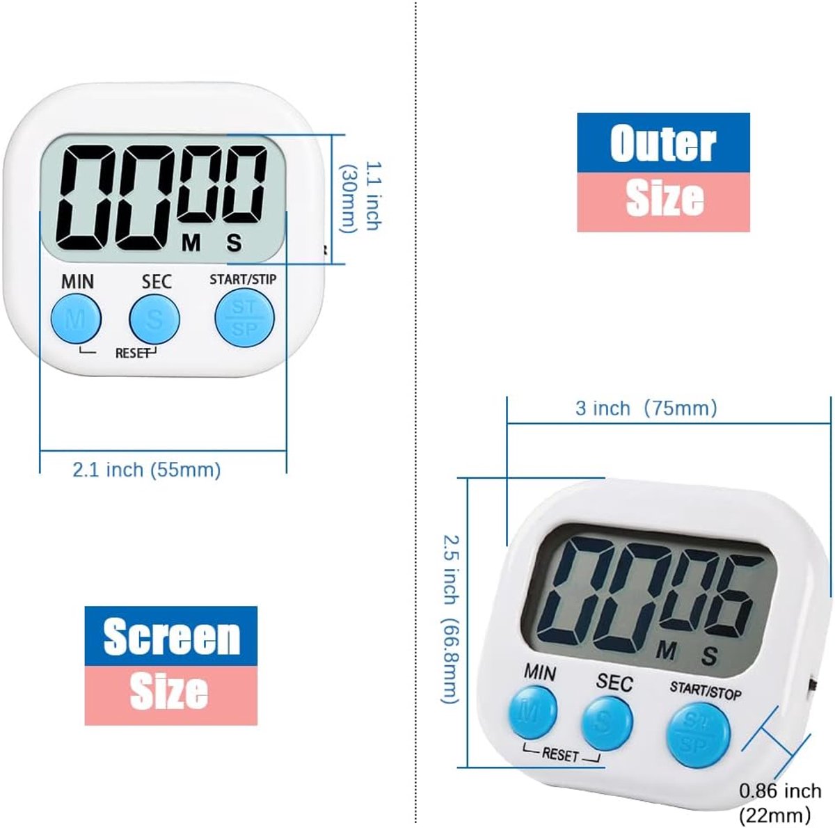 SnelShoppen - Digitale Keuken Timer met Magnetische Achterkant en Stand - Groot LCD Scherm - Tijdwaarneming voor Bakken, Studie en Training - Witte Co