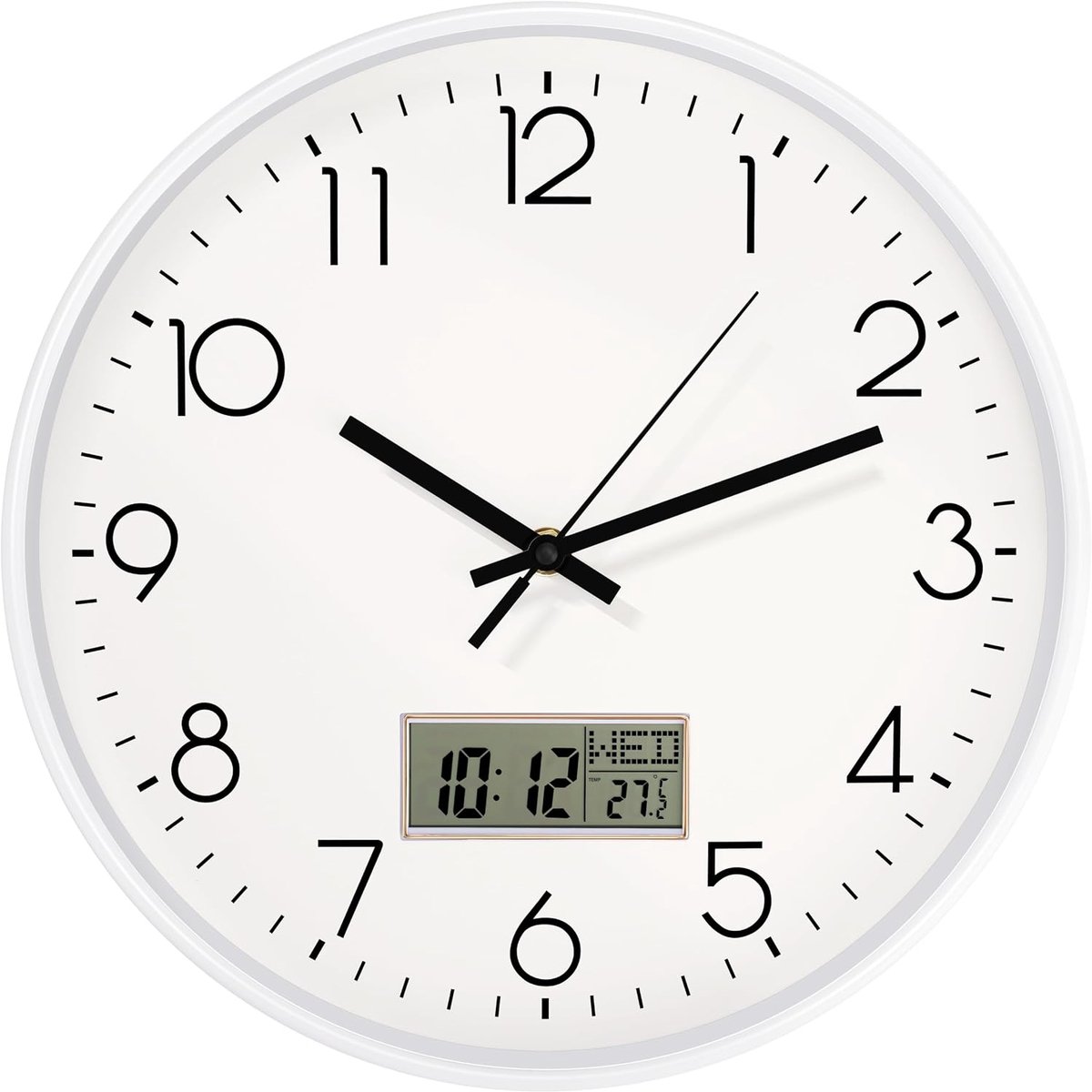 SnelShoppen - Lumuasky Draadloze Wandklok - Digitale en Analoge Weergave - 30 cm - Witte LCD Display - Tijd, Datum, Dag van de Week en Temperatuur - S