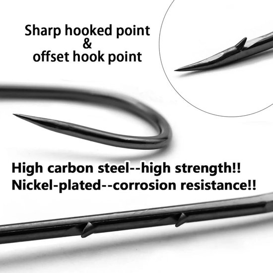 SnelShoppen - 100 Stuks Carbon Staal Barbed Rod Haken in Opbergdoos voor Zoet en Zout Water - Sterke Haak met Dubbele Barbs voor Perfecte Bait Bevesti — afbeelding 3