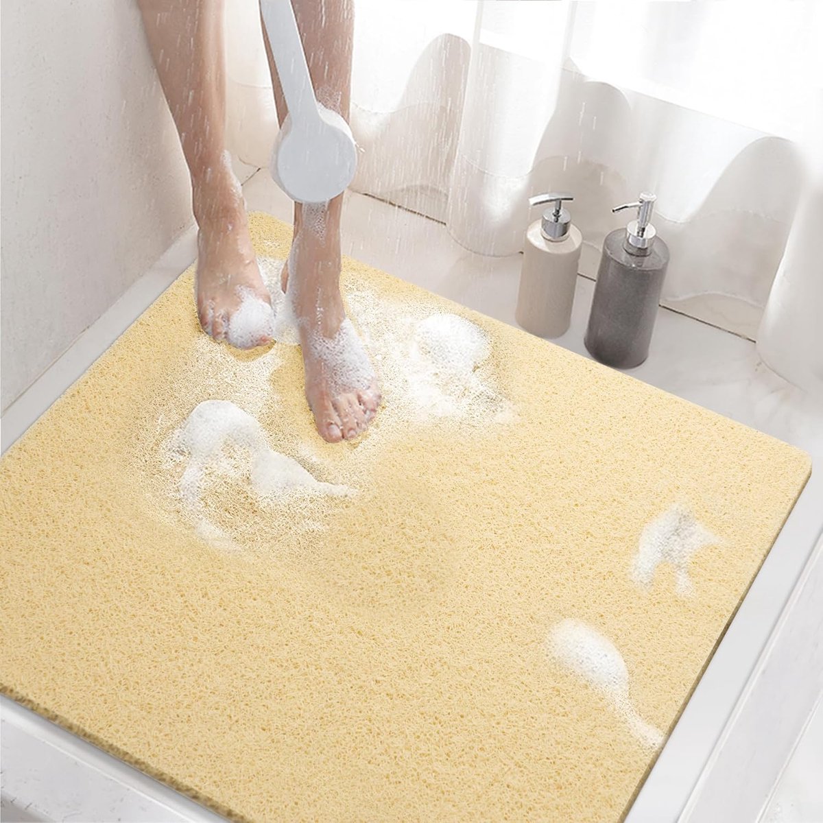 SnelShoppen - Non-slip Douchematt, 60 x 60 cm, Antislip Badmat met Afvoer, Zachte PVC Loofah Badmat, Sneldrogend, Beige voor Badkamer, Douche, Veiligh