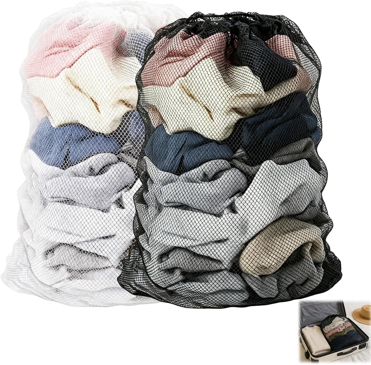 SnelShoppen - 2 stuks grote wasnetzakken 60 x 90 cm, afsluitbare waszakken voor kleding, dekbedovertrekken en speelgoed, zwart en wit, ideaal voor thu