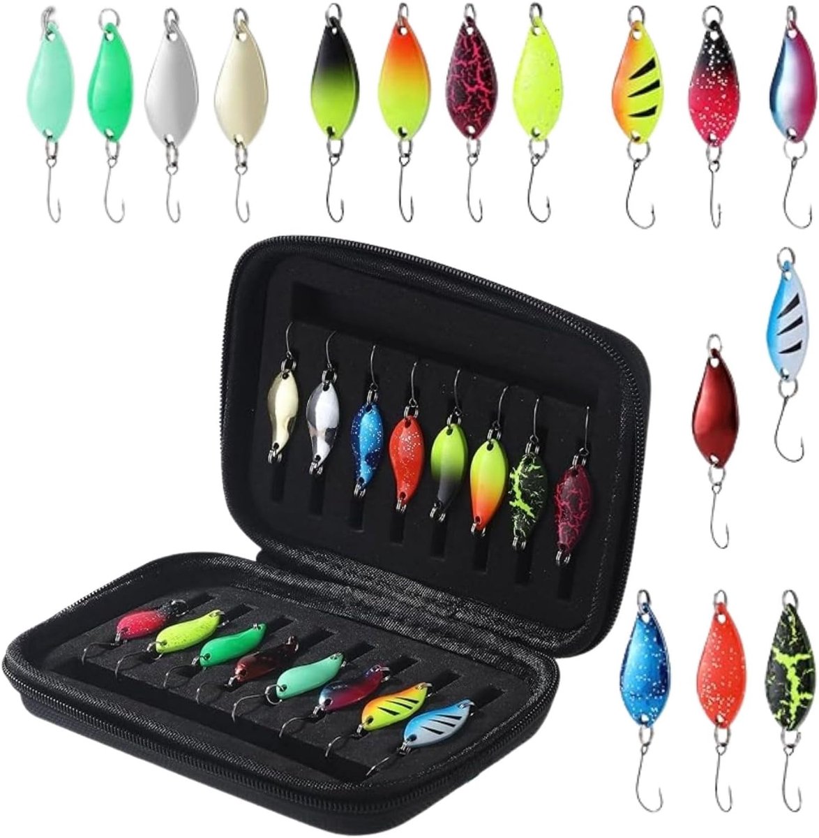 SnelShoppen - Trout Spoon Set 16 Stuks, Lures Spinner & Flasher, 2.5g/3.5g/5g, Visaccessoires met Opbergdoos, Perfect voor Forel, Baars, Snoek en Zand