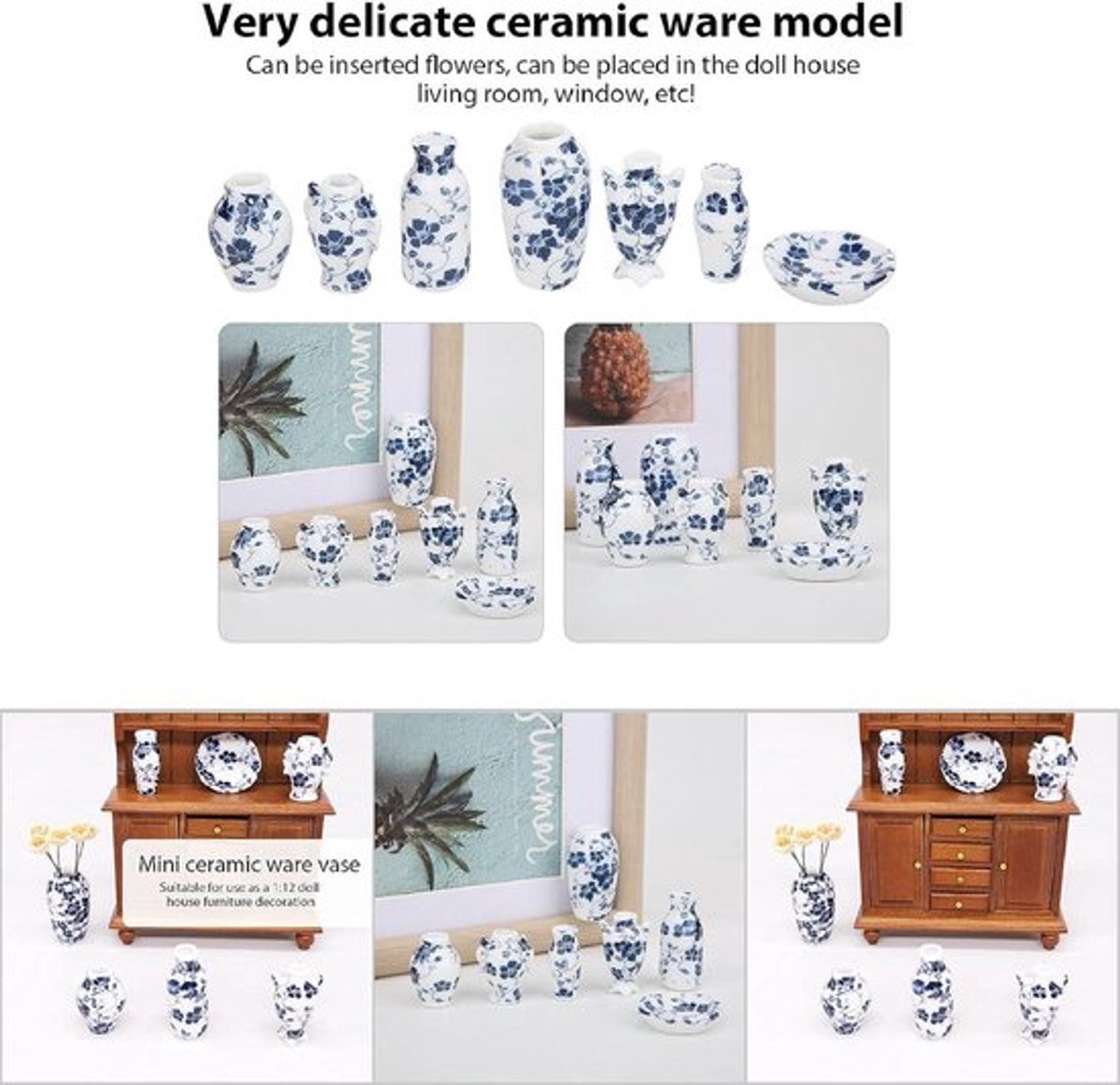 Poppenhuisdecoratie vazen set - 7-delig - simulatie blauw wit porselein - fotografie rekwisieten - schaal 1:12 - prachtig - poppenhuis accesoires - home decorsetItem.