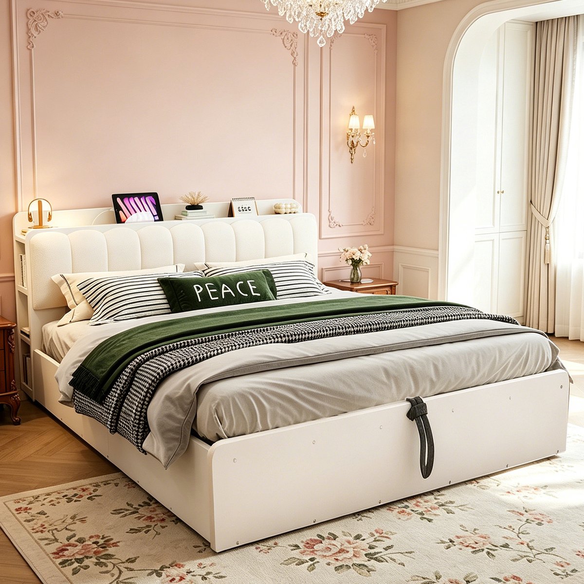 Houten Bed 180x200 cm - Tweepersoonsbed met Hydraulische Opbergruimte en USB - Hoofdbord met Plank en Nachtlicht - Zonder Matras - Wit