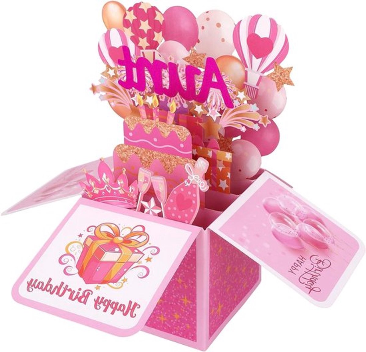 Pop-Up Verjaardagskaart Tante - Ballon Champagne Taart Patroon - Vrouwen Cadeau - Grappig - Roze - Feestelijke Kaart met 3D Effect