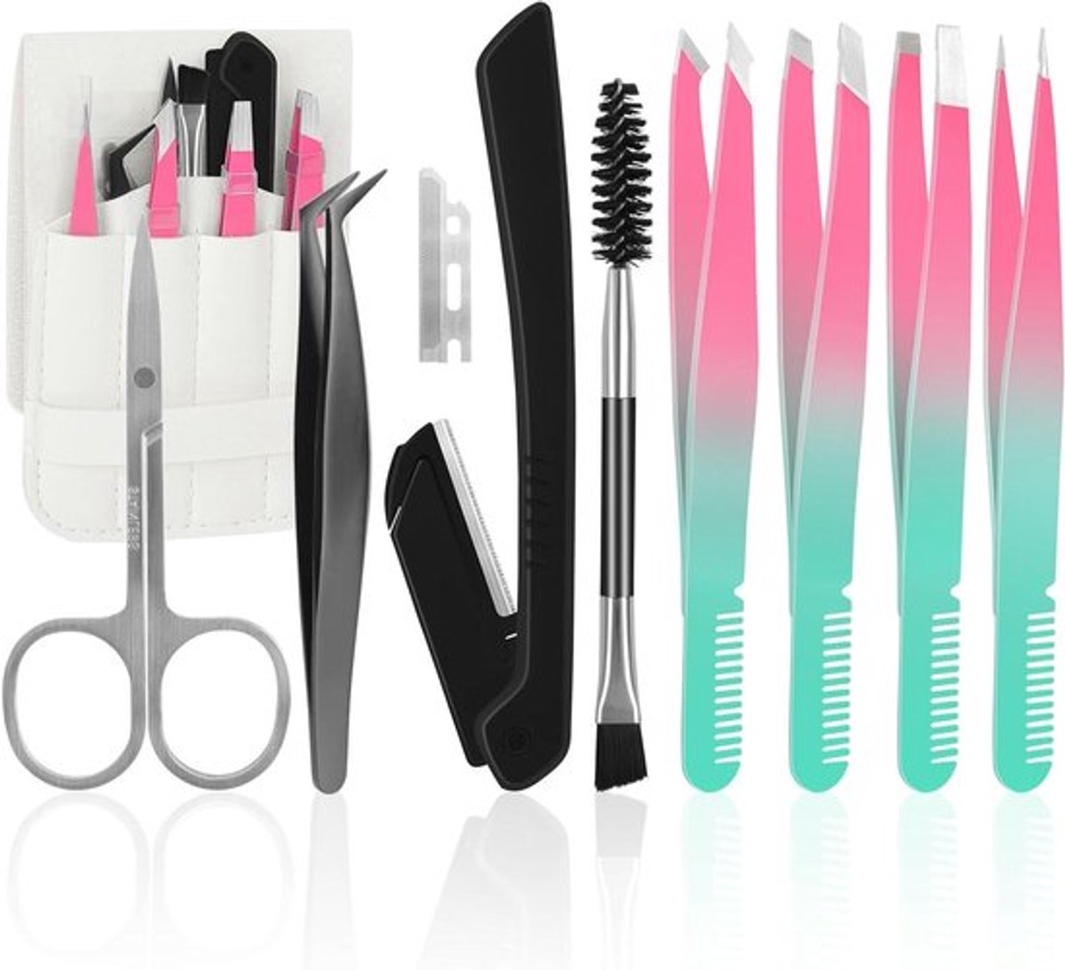 Pincet met 11 stuks precisie roestvrijstalen set voor gezichtshaar verwijderen met etui, schaar en scheermes - ingegroeide haren, wimperverlenging, wenkbrauwen epileren