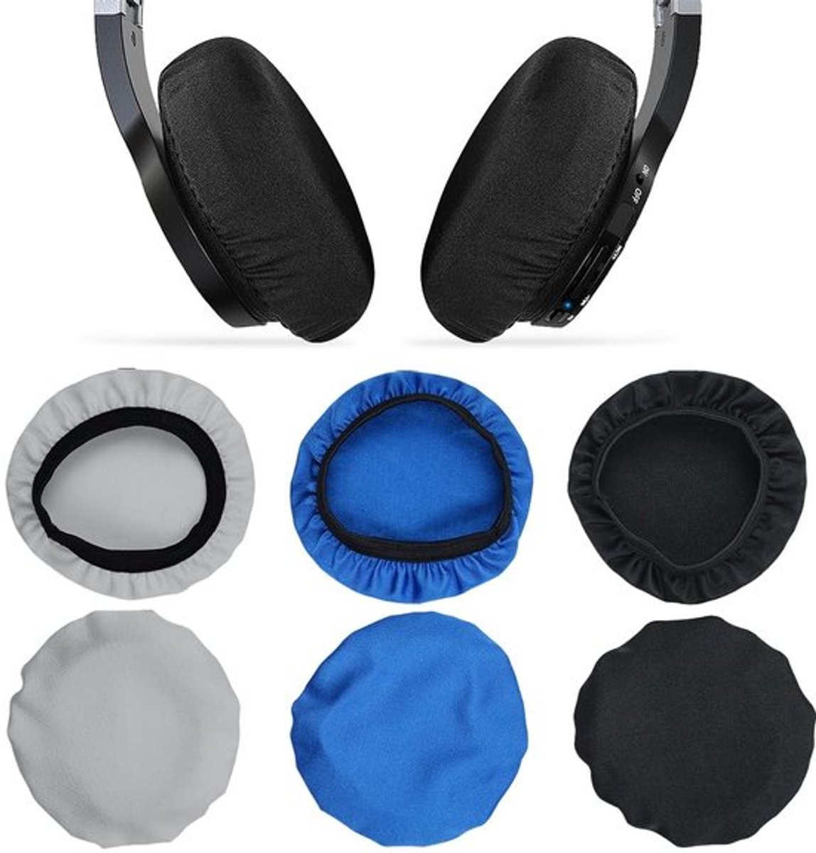 6 stuks oorkussens voor hoofdtelefoon, elastisch, wasbaar, oorkappen voor hoofdtelefoon van flexibele stof, zweetbescherming voor fitnessstudio, spel (zwart + grijs + blauw)