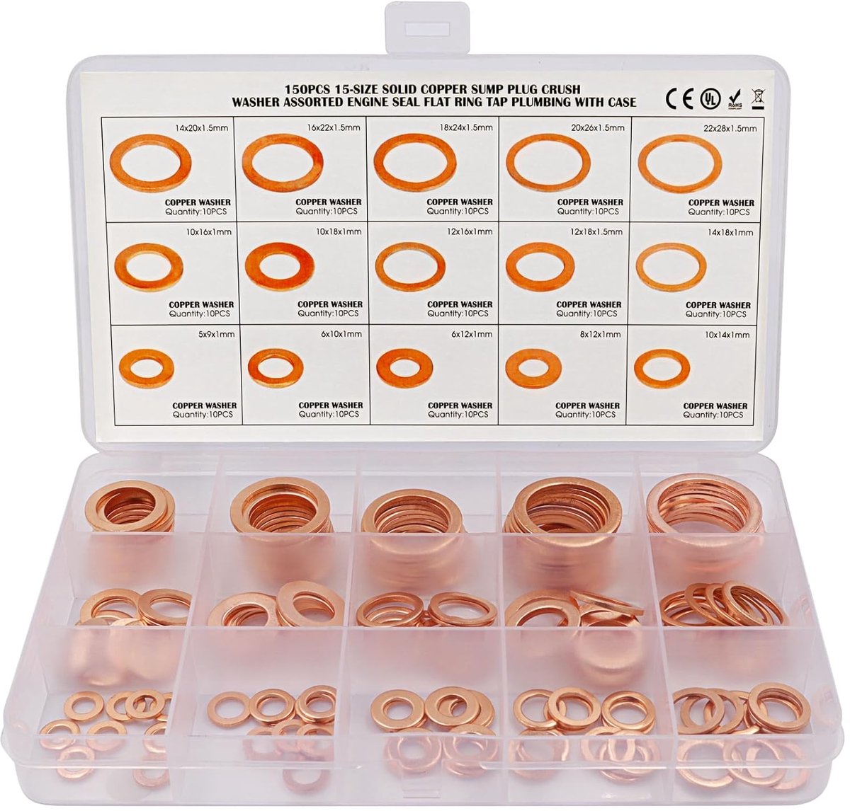 SnelShoppen - 150 Stuks Koper Sealing Ringen - Assortiment 15 Maten M5-M22 - Platte Wasringen voor Auto, Motor, Schroeven en Verbindingselementen