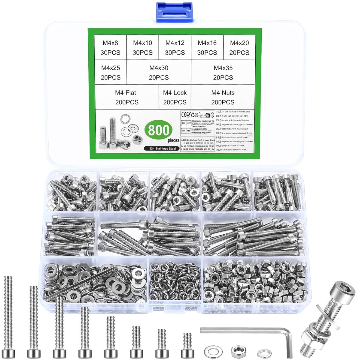 SnelShoppen - 800 Pcs M4 Schroeven Set, RVS Hex Kop Schroeven, Moeren en Ringen, Machine Schroeven, Draad Schroeven Assortiment voor Klussen en Doe-He