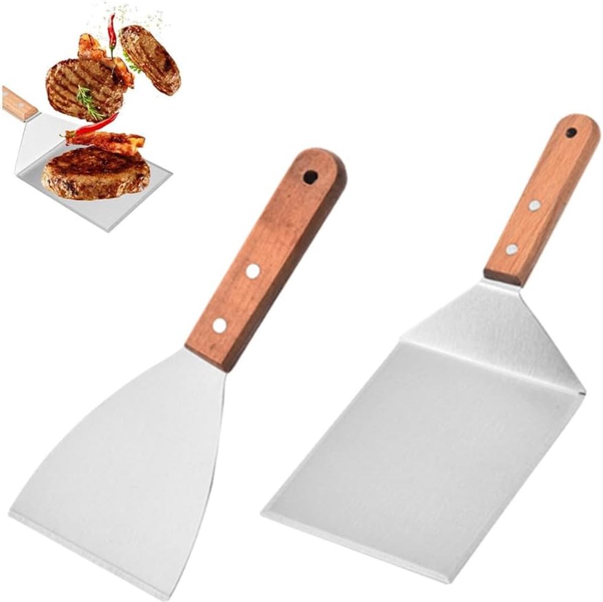 SnelShoppen - Professionele Grill Spatel Set 2 Stuks RVS met Houten Handvatten voor Hamburger, Teppanyaki, Grill, Steak, Pizza - Duurzaam en Robuust
