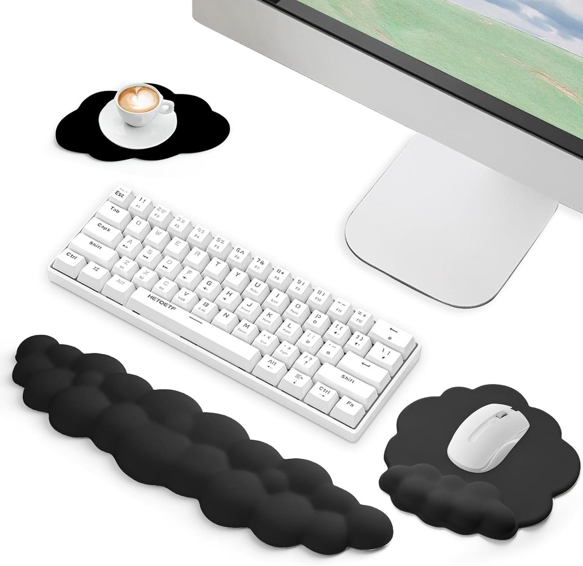 SnelShoppen - Ergonomische Polssteun Set - 3-in-1 Wolkvorm Toetsenbord & Muismat met PU Leer en Geheugenfoam - Ideaal voor Thuis, Kantoor & Gaming