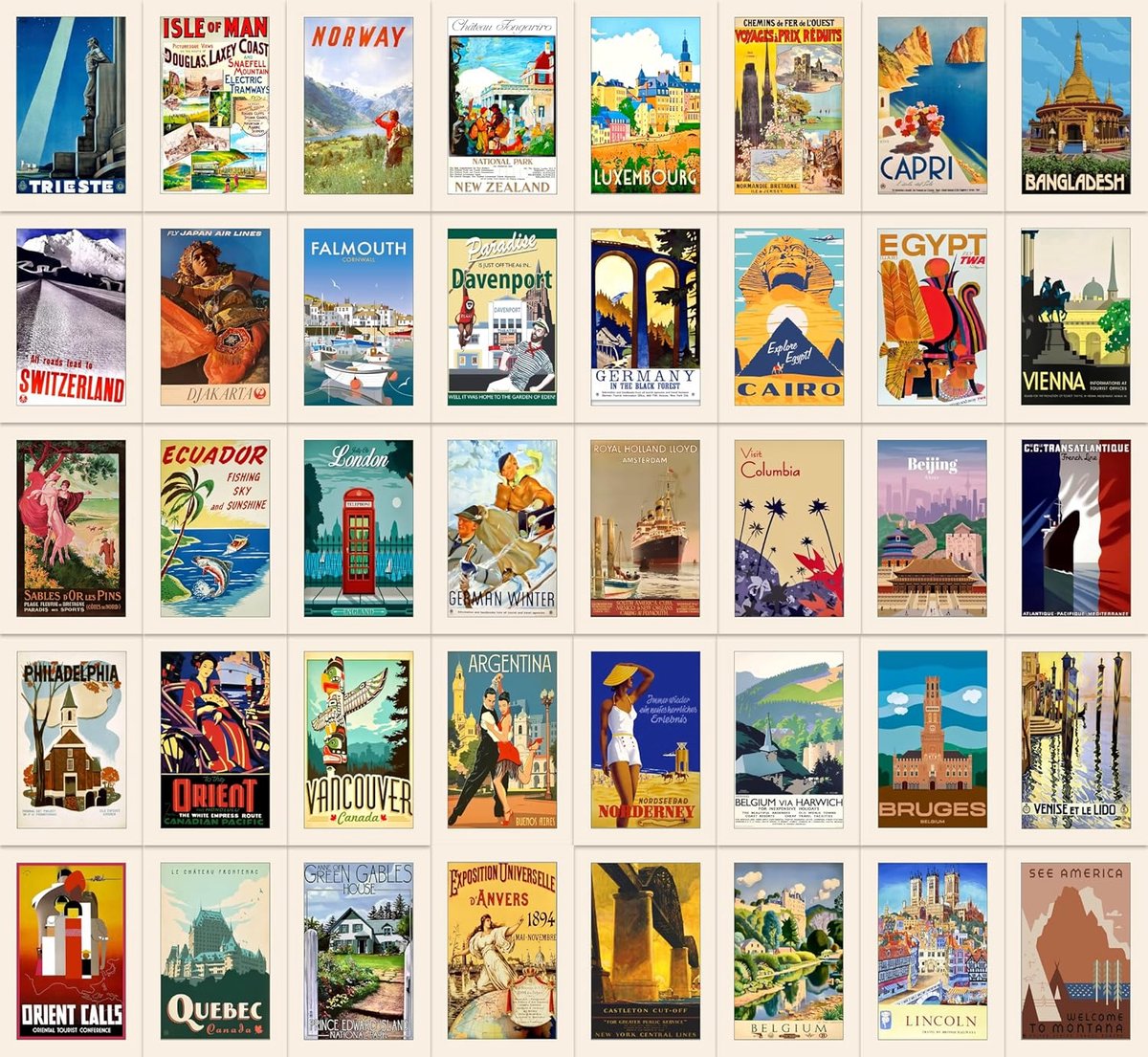 SnelShoppen - 40 Vintage Reizen Postkaarten Met 40 Unieke Ontwerpen - Stevig 350 g/m² Papier - Perfect Voor Verzending, Decoratie En Cadeaus