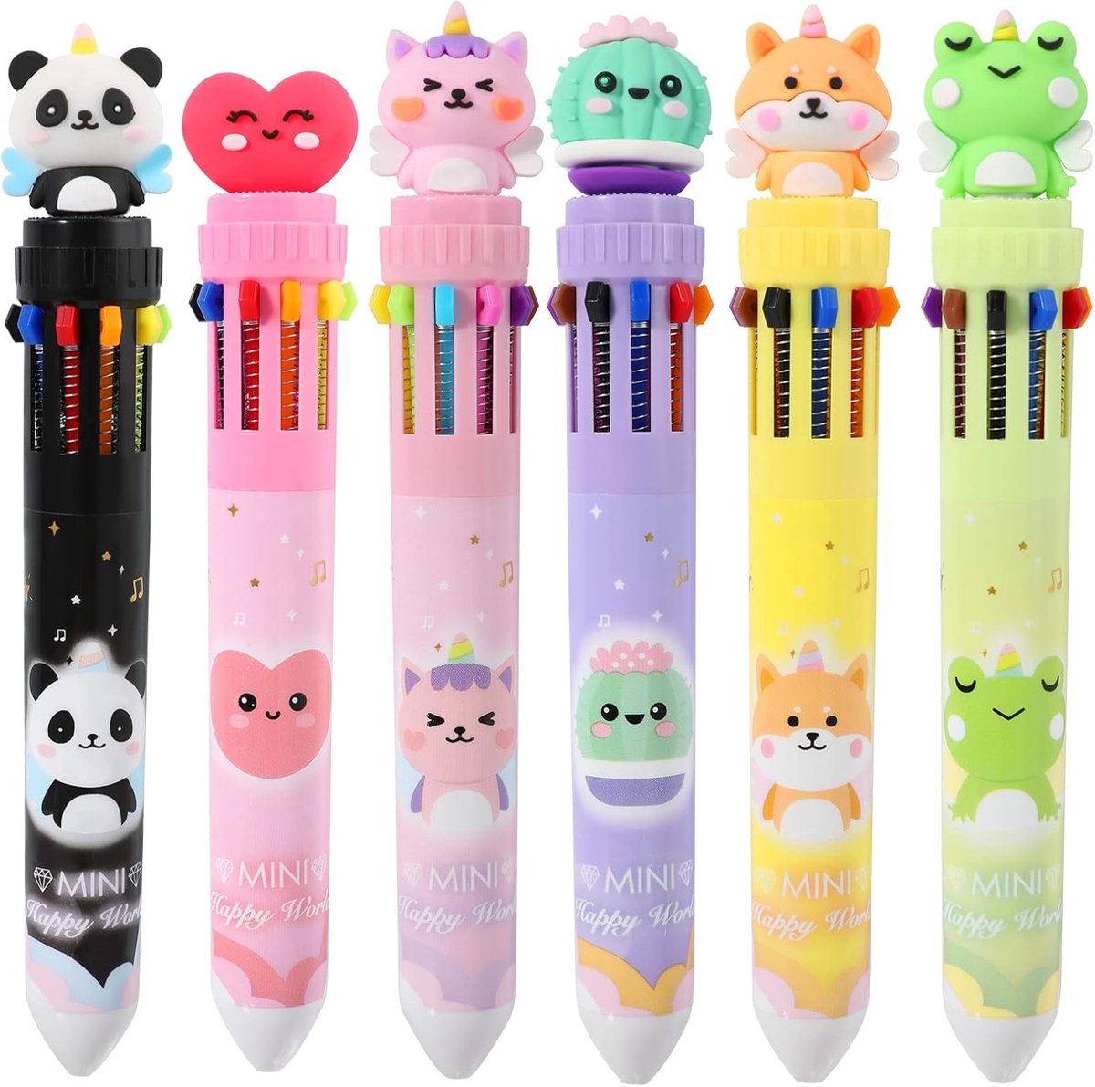 SnelShoppen - Multicolor Retractable Balpen - 10-in-1 Kleurrijke Cartoon Dieren Balpen voor Kantoor, School, Kinderen, 0.5mm Vullingen, 6 Stuks