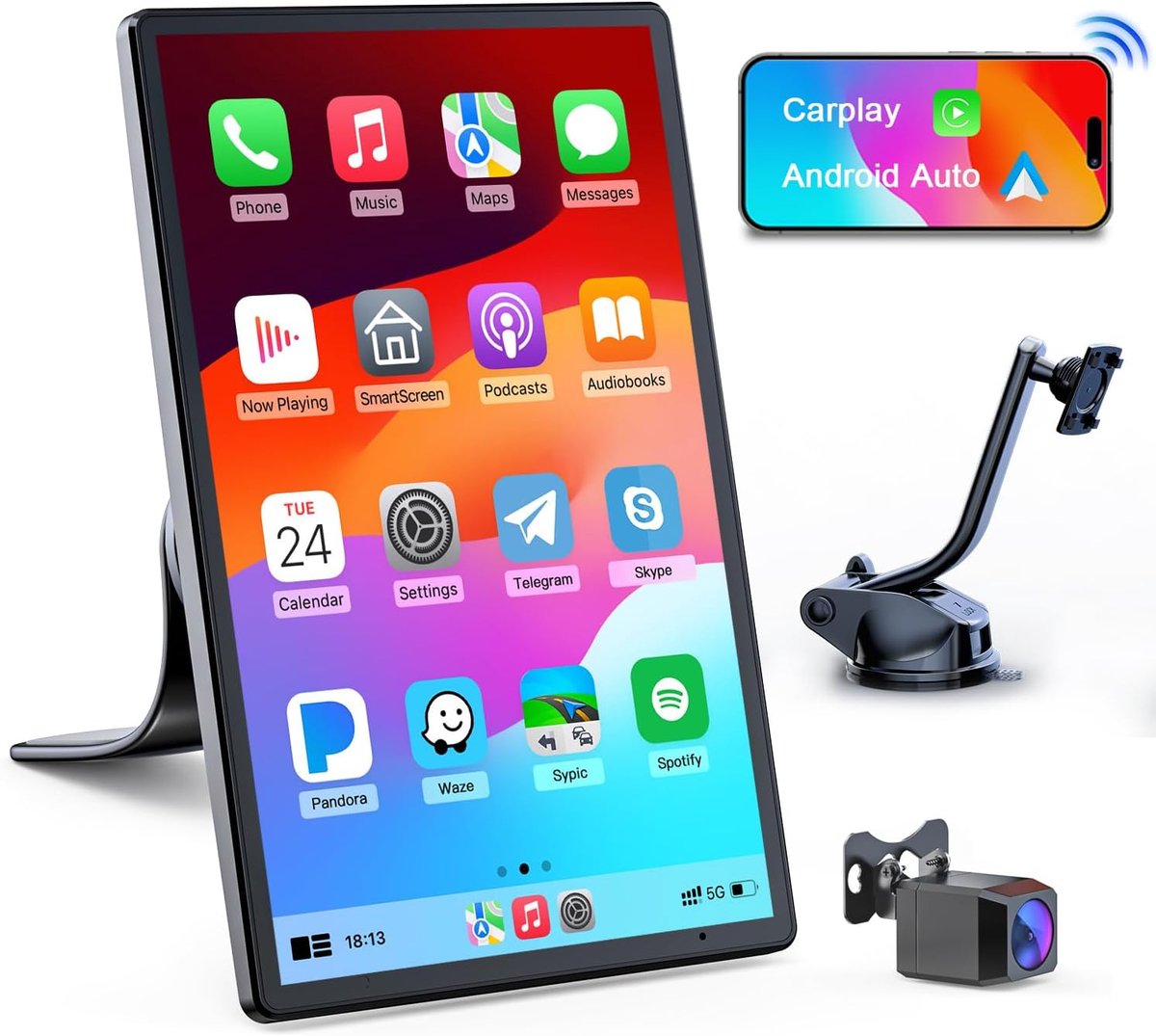 SnelShoppen - Draadloze Auto Radio met A-pple Carplay, Reversing Camera, Draagbaar Touchscreen, GPS Navigatie, Google/Siri Spraakbesturing, Android Au