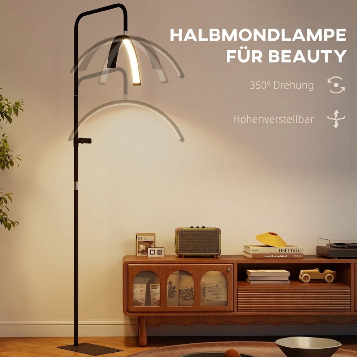 Staande Lamp Halvemaan - 136 Tot 186 Cm - Draaibaar En Dimbaar - Kunststof - Zwart - Voor Beautysalon, Make-up En Live-Uitzendingen