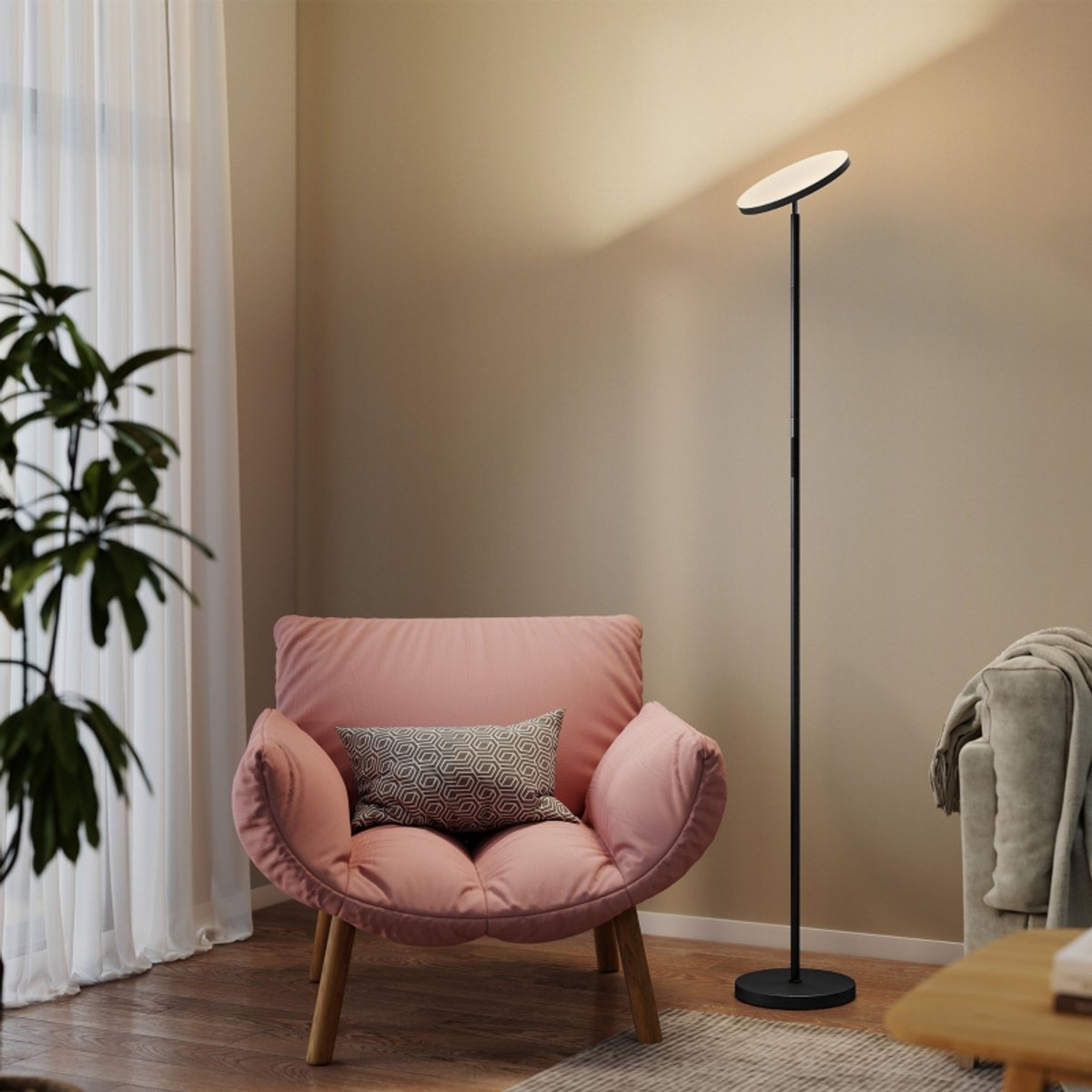 OKWISH Staande Lamp – RGB Sfeerverlichting En Dimbaar – 25 x 25 x 177 cm – Kunststof – Zwart – Voor Lezen En Wonen – Draaibare Kop
