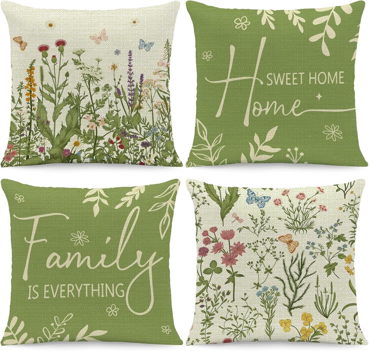 SnelShoppen - Kussenslopen met Wilde Bloemen en Vlinderpatroon, 45x45 cm, 4 Stuks, Hypoallergeen Linnen, Machinewasbaar, Herfstdecoratie voor Bank en