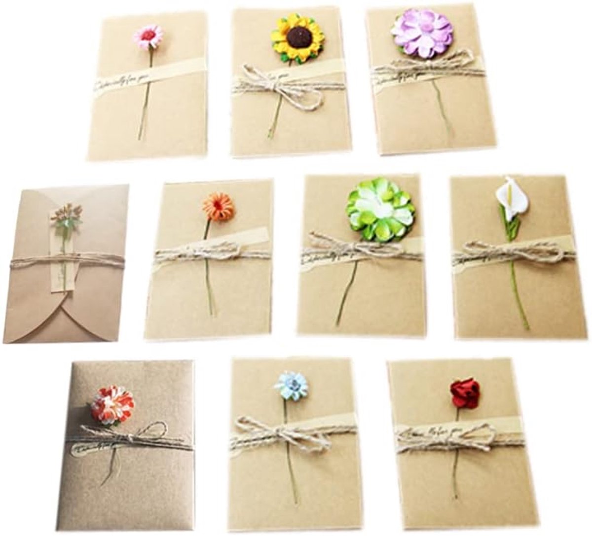 SnelShoppen - 10 Stuks Dried Flower Wenskaarten - Kraft Papier Handgemaakte Kaarten - Diverse Gelegenheden - Bruiloft, Verjaardag, Uitnodigingen - 17.