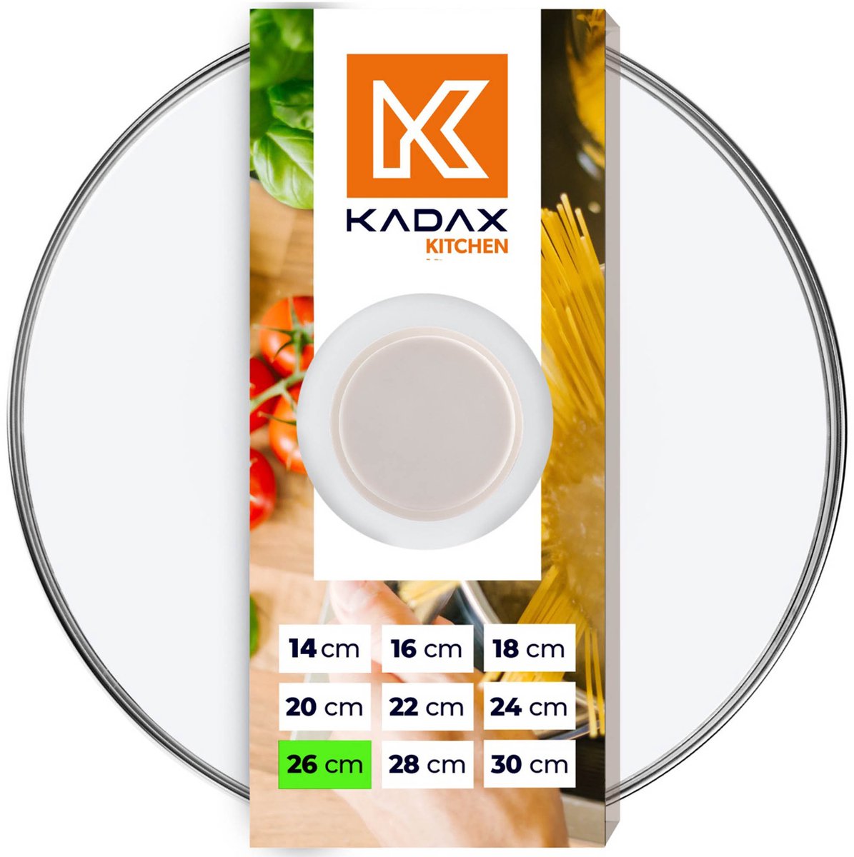 KADAX Glazen deksel met handvat van siliconen, hittebestendig deksel voor pan, diameter 14-30 cm, deksel met stoomgat, universeel deksel in verschillende maten, lichte pannendeksel, rond, 26 cm, beige