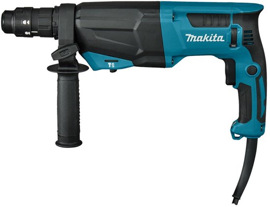 Makita combihamer met SDS-Plus, turquoise en zwarte behuizing, met extra handvat en stroomkabel.