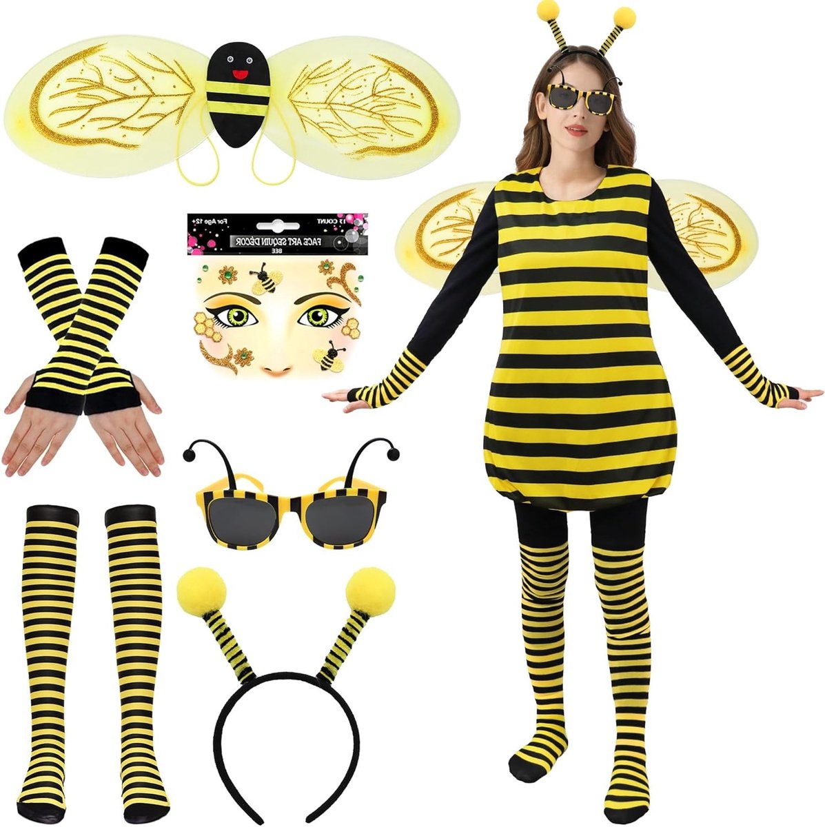 Volwassen Bij Kostuum Set van 6 met Cosplay Vleugels, Hoofdband, Zonnebril, Handschoenen en Sokken voor Carnaval en Feestjes