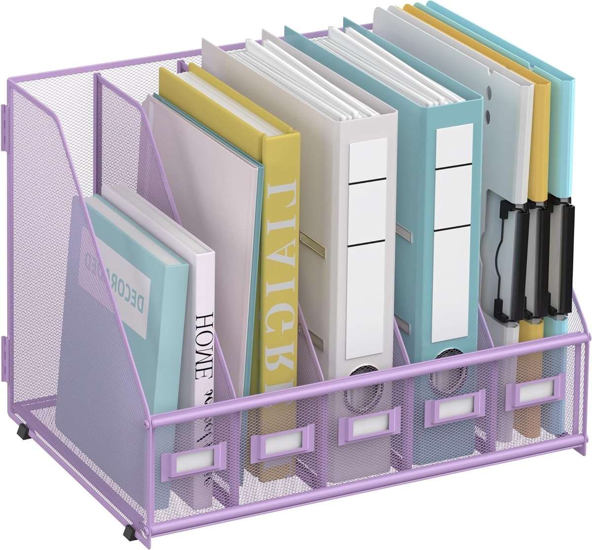 Desk Organizer voor Bureau - Metalen Documentenbox met 5 Verticale Compartimenten en Bestandsrek voor Kantoor - Paars en Functioneel